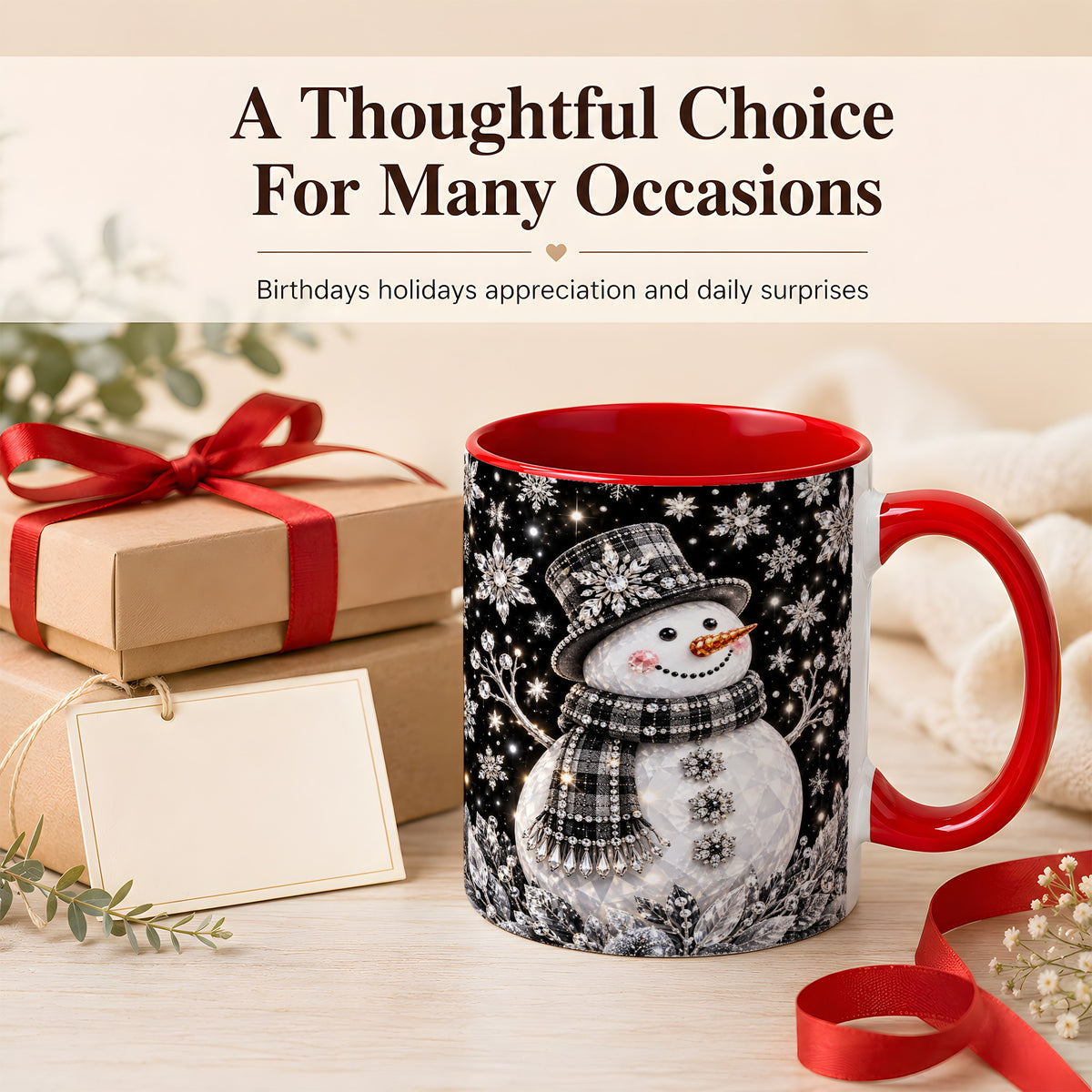 #pl[11oz|Red] Crystal Snowman Coffee Mug, Winter Snowflake Mug, Ceramic Cup