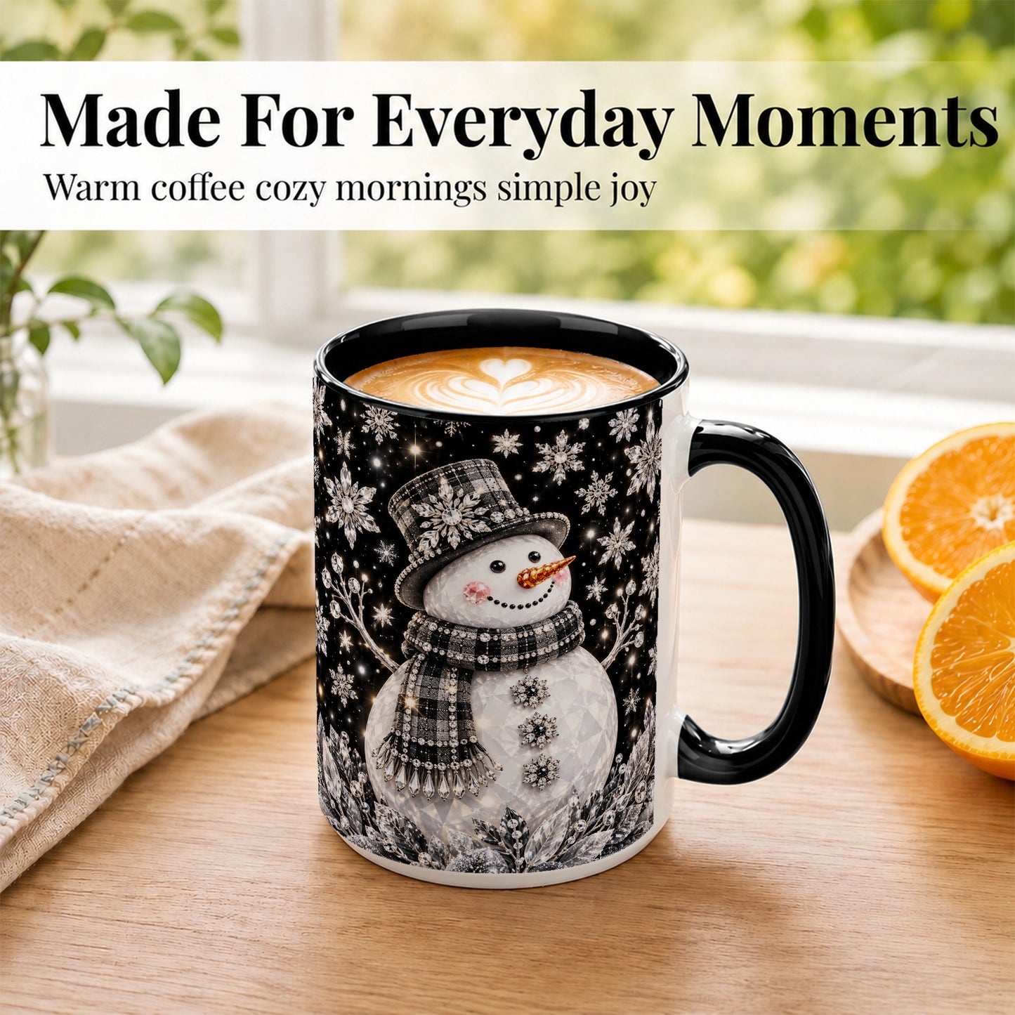 #pl[15oz|Black] Crystal Snowman Coffee Mug, Winter Snowflake Mug, Ceramic Cup