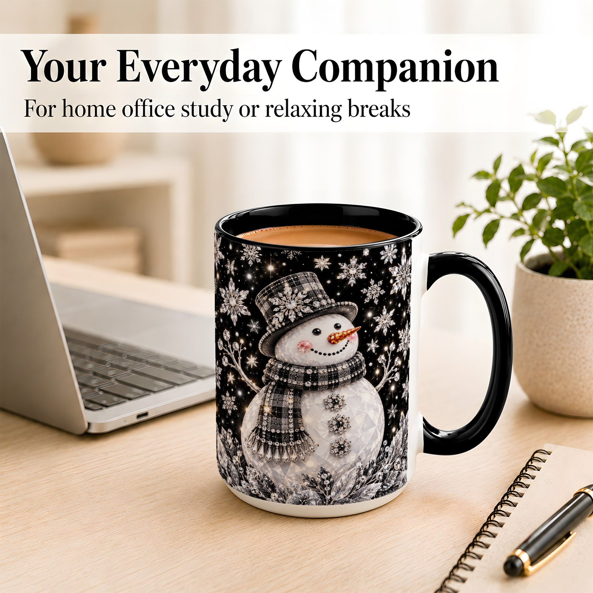 #pl[15oz|Black] Crystal Snowman Coffee Mug, Winter Snowflake Mug, Ceramic Cup