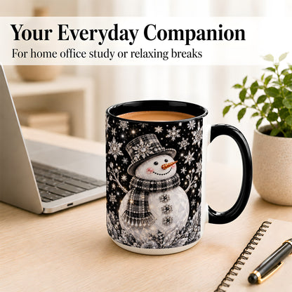 #pl[15oz|Black] Crystal Snowman Coffee Mug, Winter Snowflake Mug, Ceramic Cup
