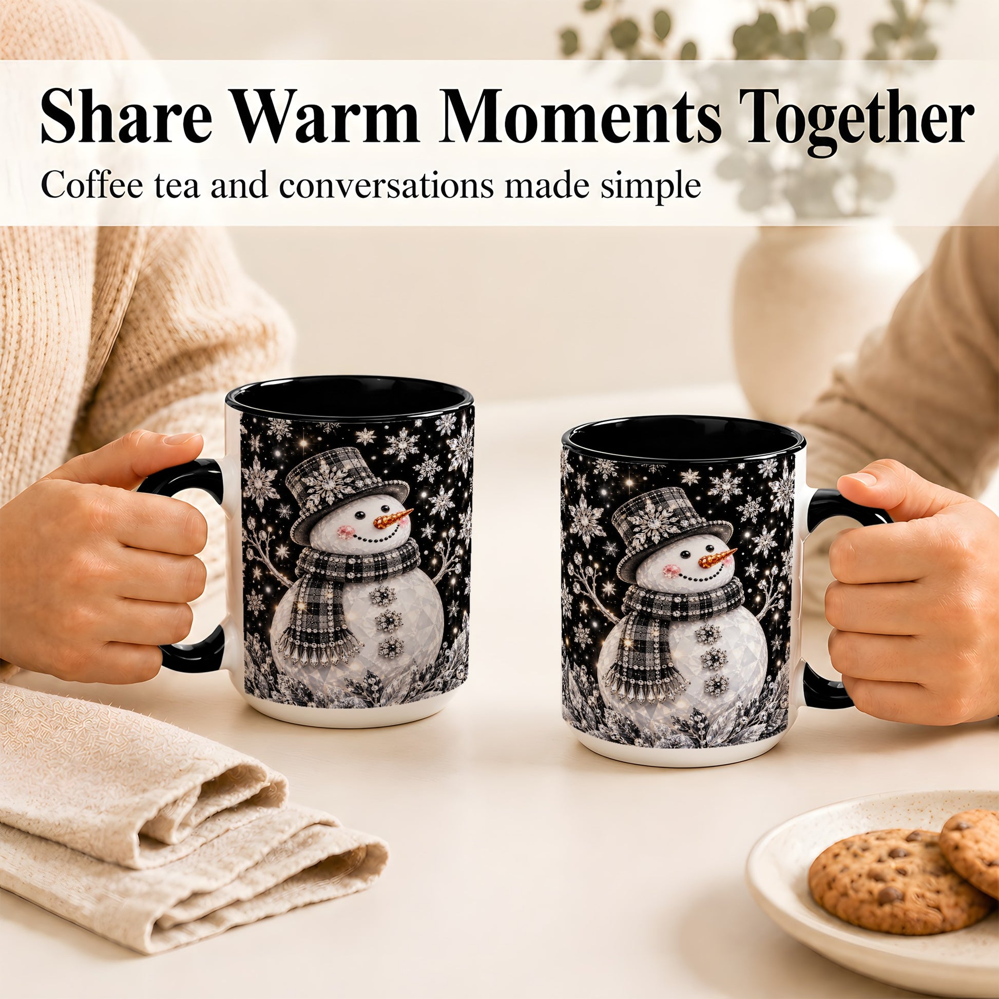 #pl[15oz|Black] Crystal Snowman Coffee Mug, Winter Snowflake Mug, Ceramic Cup