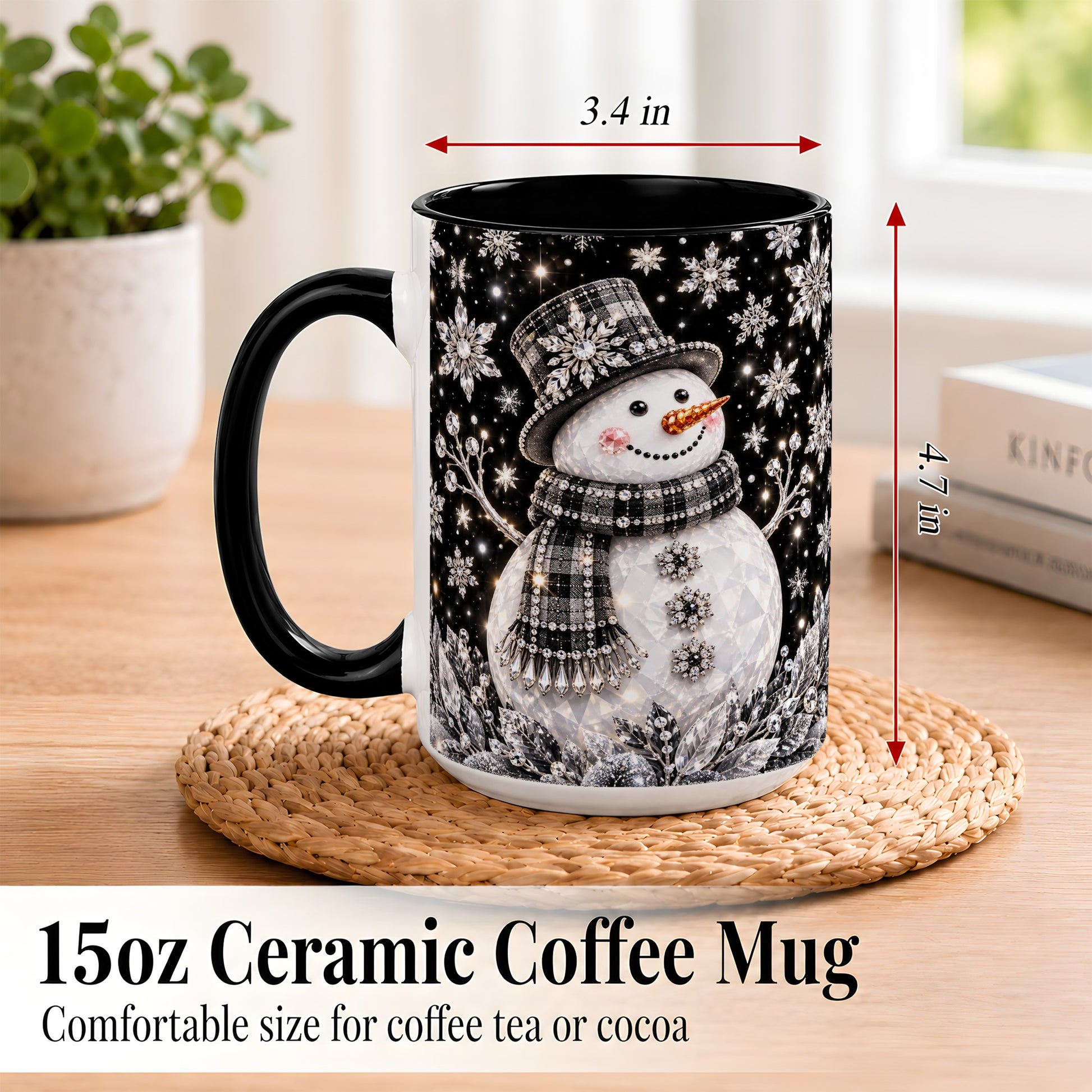 #pl[15oz|Black] Crystal Snowman Coffee Mug, Winter Snowflake Mug, Ceramic Cup