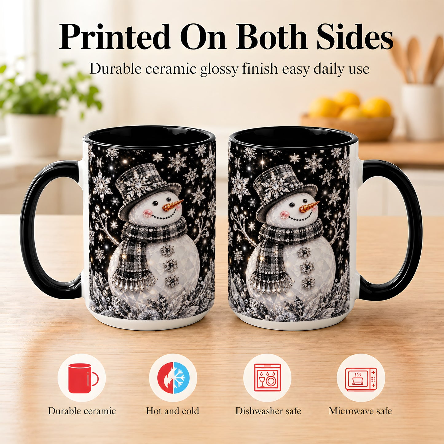 #pl[15oz|Black] Crystal Snowman Coffee Mug, Winter Snowflake Mug, Ceramic Cup