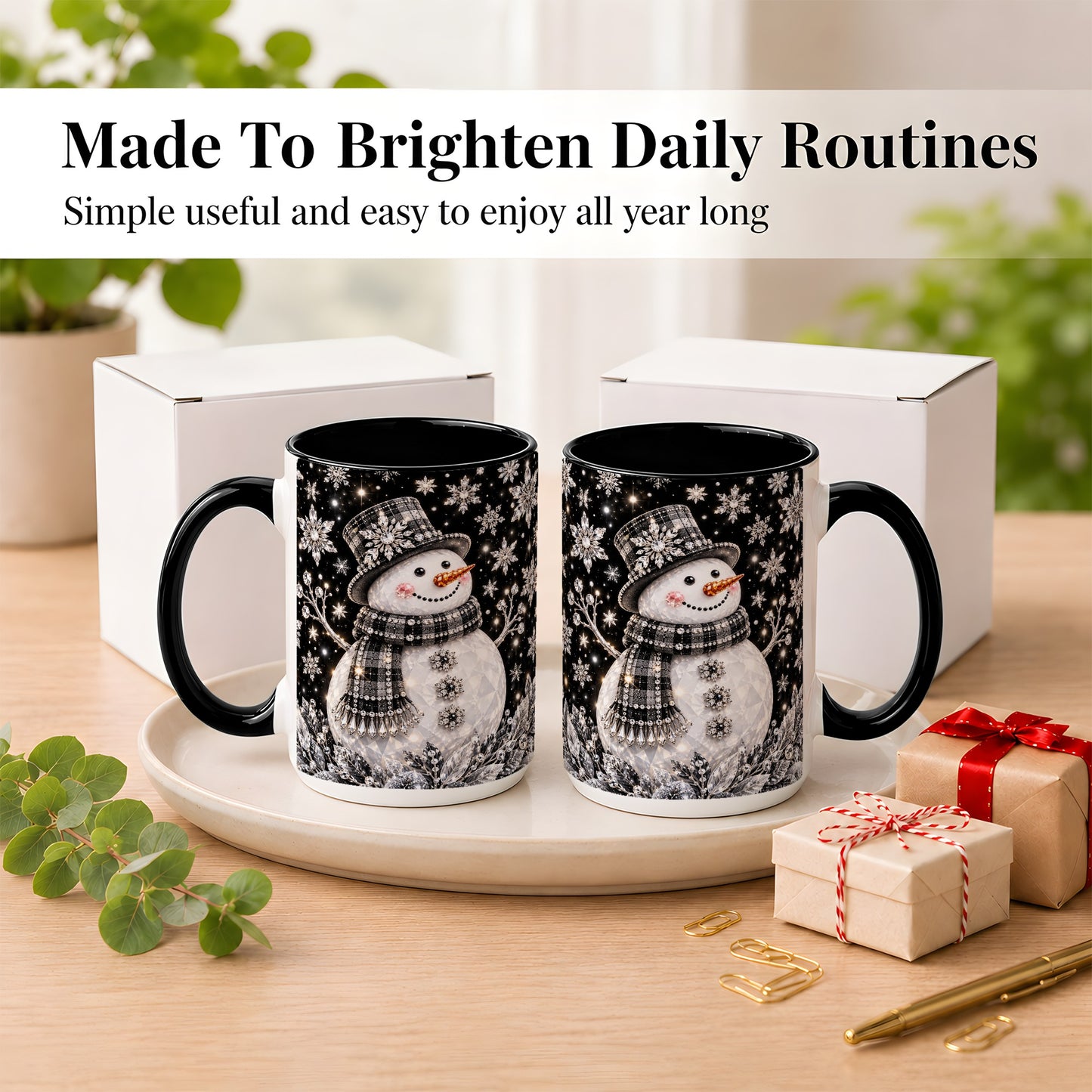 #pl[15oz|Black] Crystal Snowman Coffee Mug, Winter Snowflake Mug, Ceramic Cup