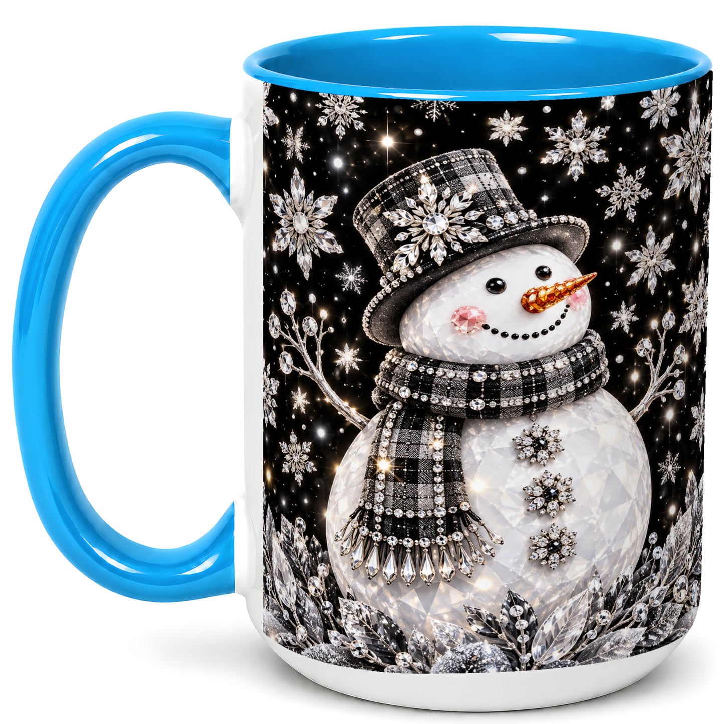 #pl[15oz|Blue] Crystal Snowman Coffee Mug, Winter Snowflake Mug, Ceramic Cup