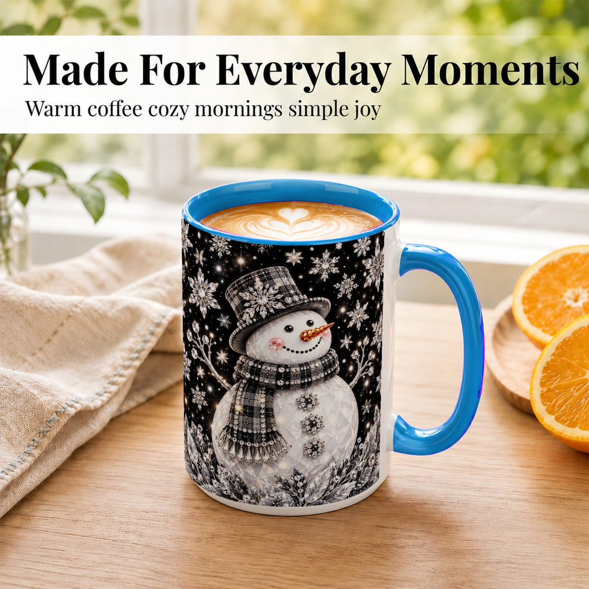 #pl[15oz|Blue] Crystal Snowman Coffee Mug, Winter Snowflake Mug, Ceramic Cup