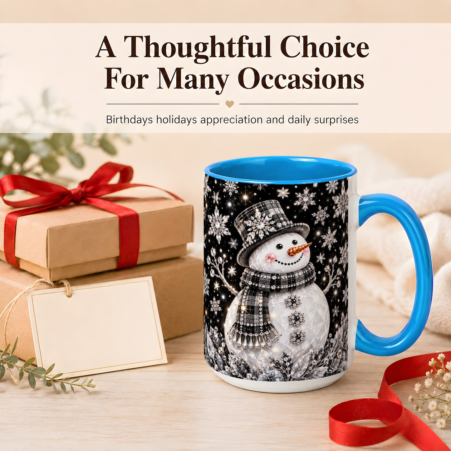 #pl[15oz|Blue] Crystal Snowman Coffee Mug, Winter Snowflake Mug, Ceramic Cup