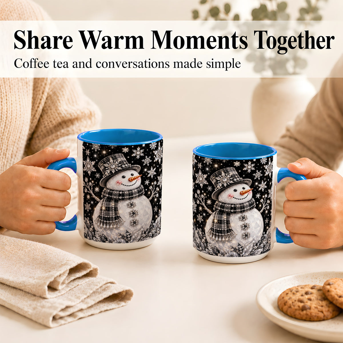 #pl[15oz|Blue] Crystal Snowman Coffee Mug, Winter Snowflake Mug, Ceramic Cup