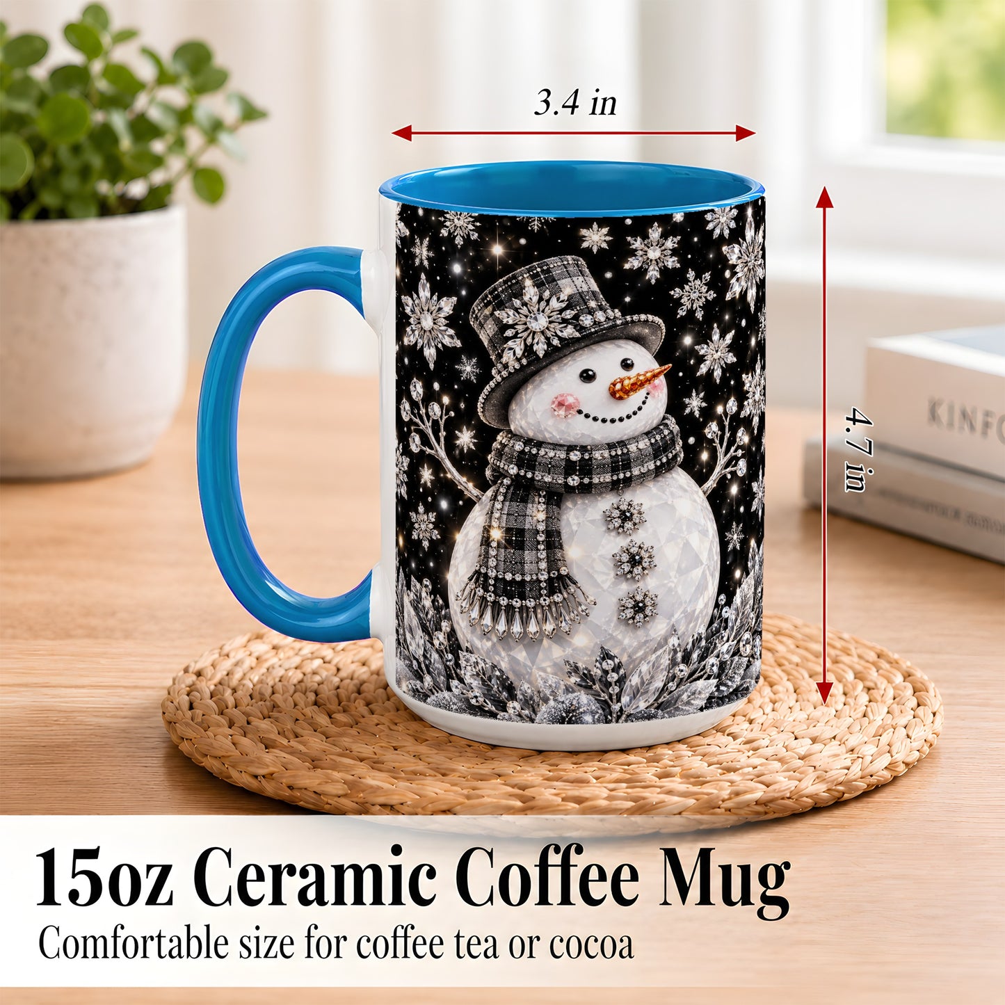 #pl[15oz|Blue] Crystal Snowman Coffee Mug, Winter Snowflake Mug, Ceramic Cup