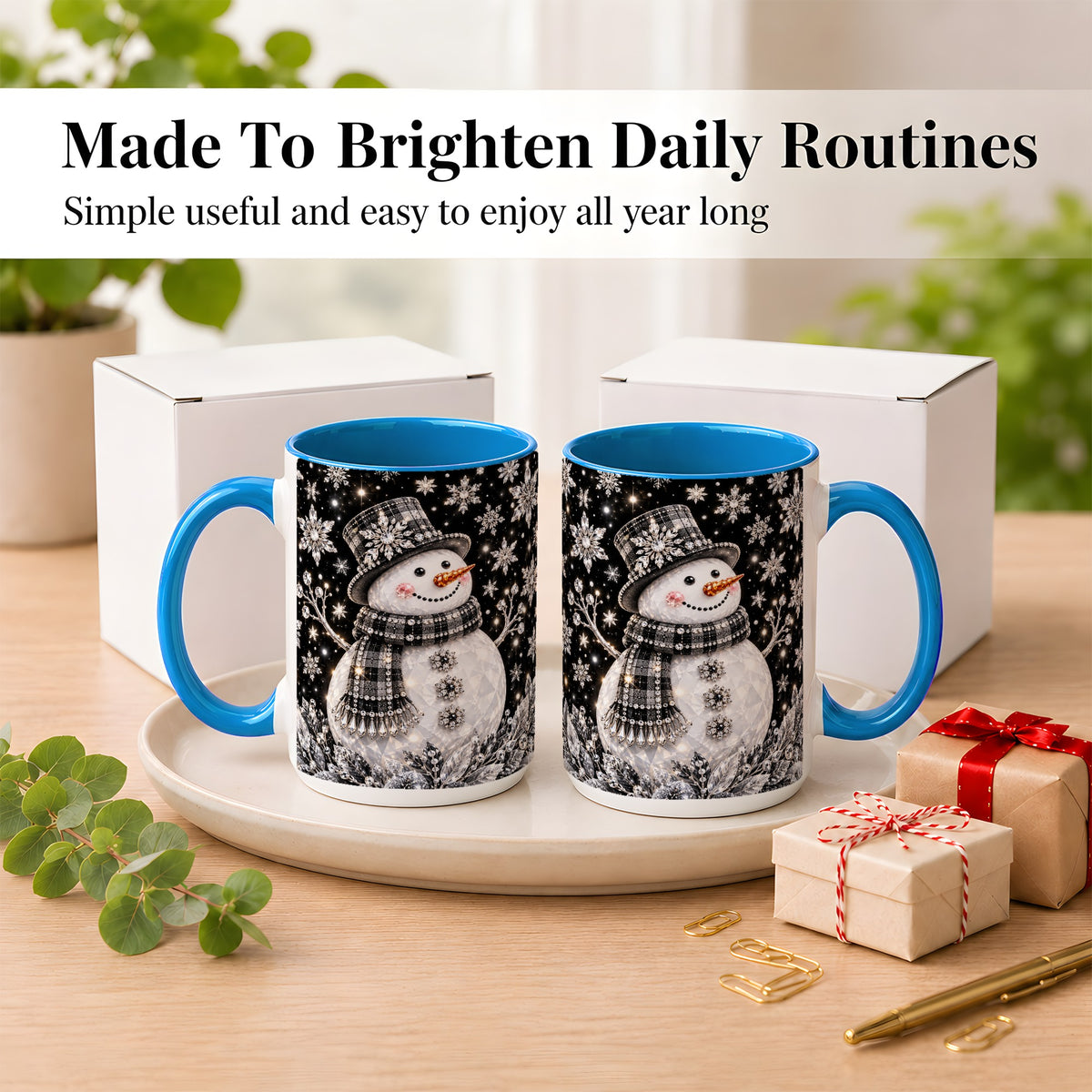 #pl[15oz|Blue] Crystal Snowman Coffee Mug, Winter Snowflake Mug, Ceramic Cup