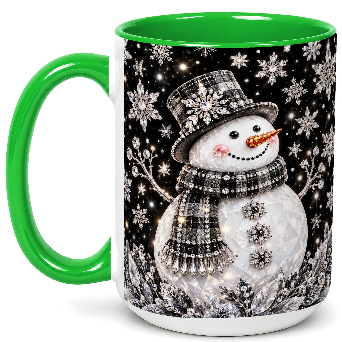 #pl[15oz|Green] Crystal Snowman Coffee Mug, Winter Snowflake Mug, Ceramic Cup