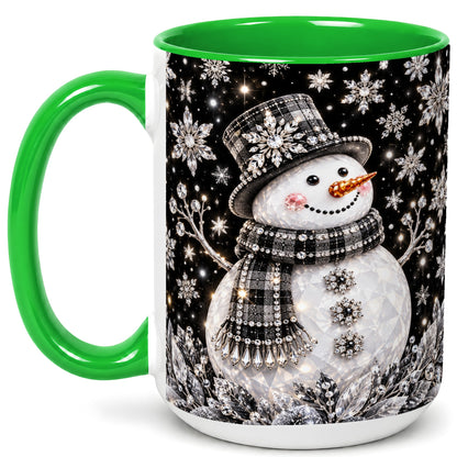 #pl[15oz|Green] Crystal Snowman Coffee Mug, Winter Snowflake Mug, Ceramic Cup