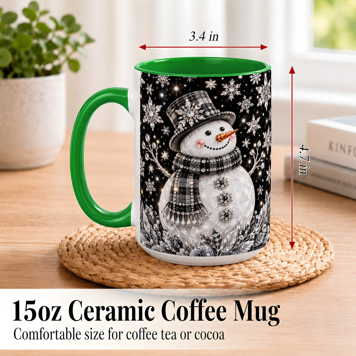 #pl[15oz|Green] Crystal Snowman Coffee Mug, Winter Snowflake Mug, Ceramic Cup