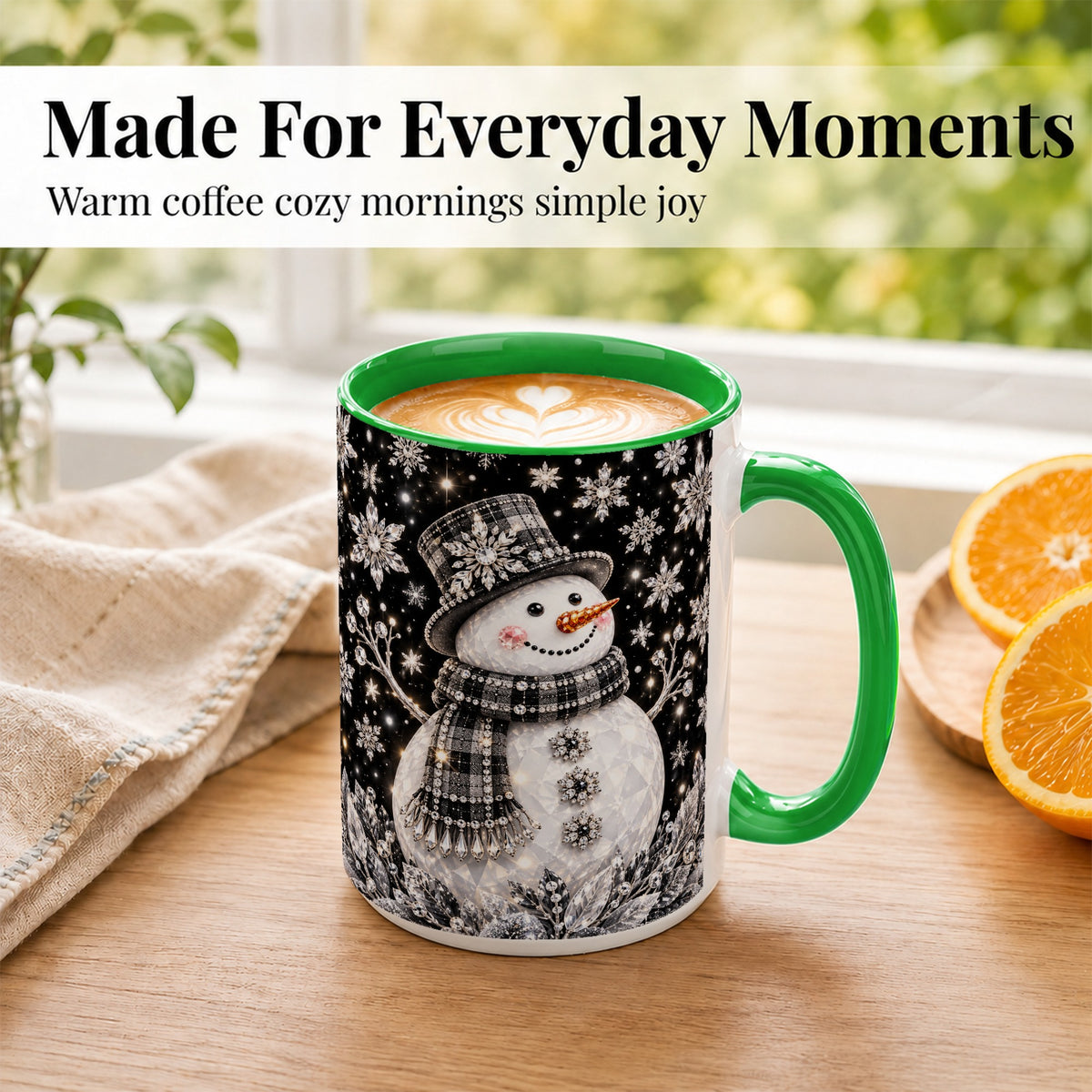 #pl[15oz|Green] Crystal Snowman Coffee Mug, Winter Snowflake Mug, Ceramic Cup