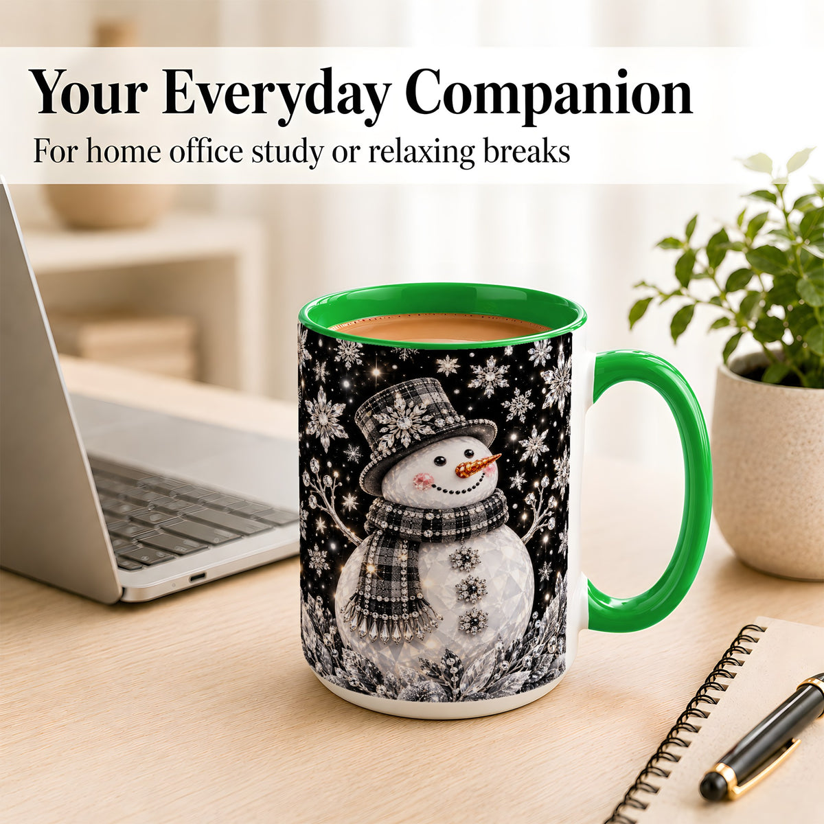 #pl[15oz|Green] Crystal Snowman Coffee Mug, Winter Snowflake Mug, Ceramic Cup