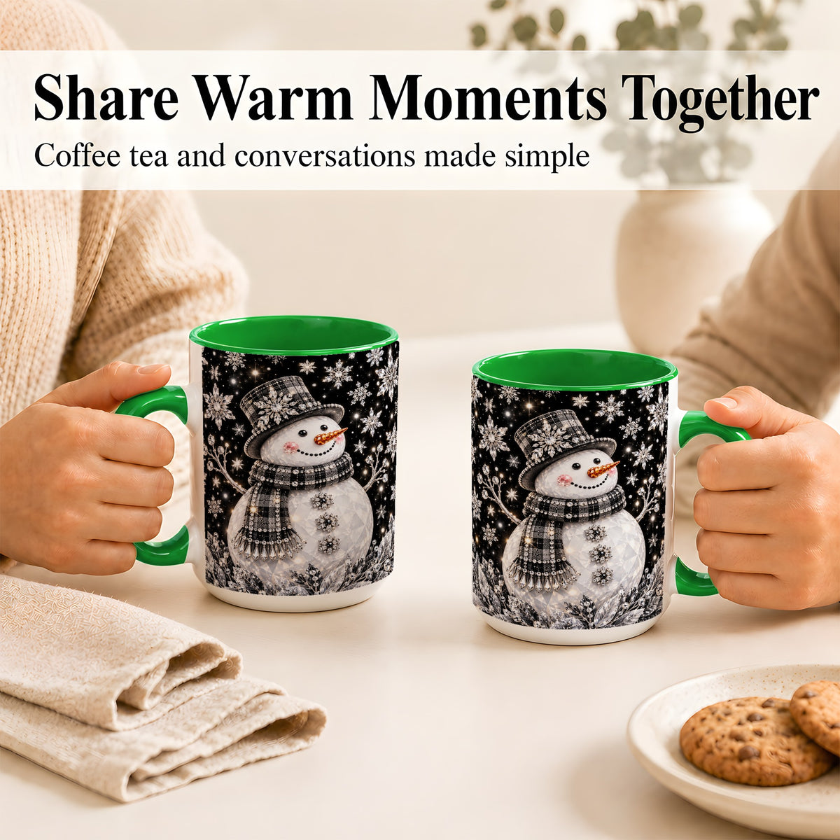 #pl[15oz|Green] Crystal Snowman Coffee Mug, Winter Snowflake Mug, Ceramic Cup