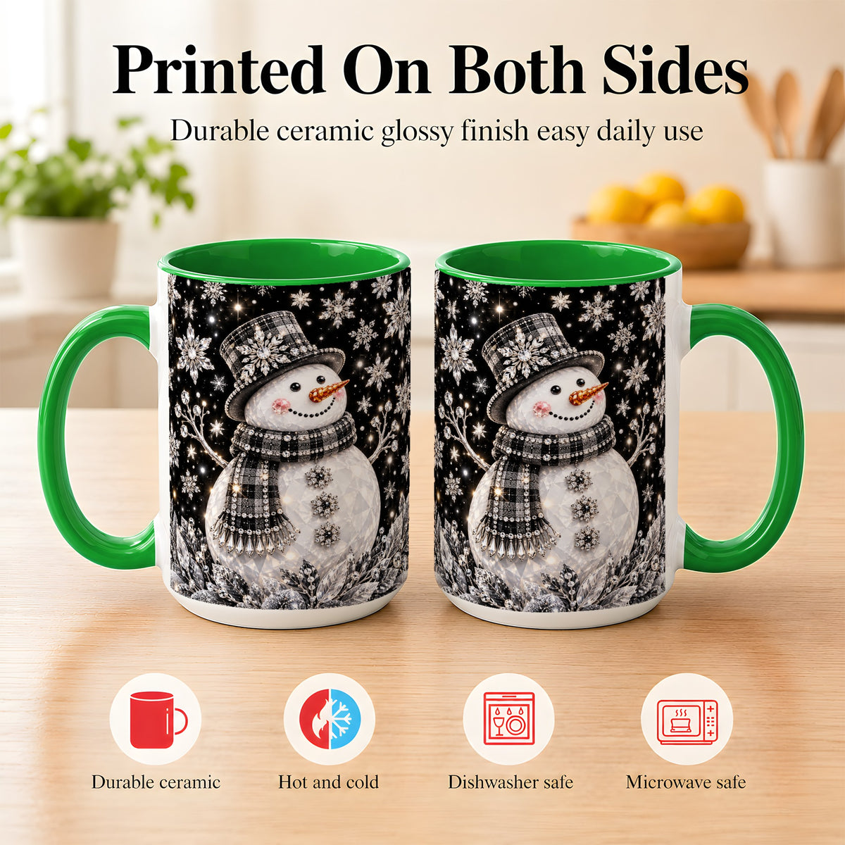 #pl[15oz|Green] Crystal Snowman Coffee Mug, Winter Snowflake Mug, Ceramic Cup