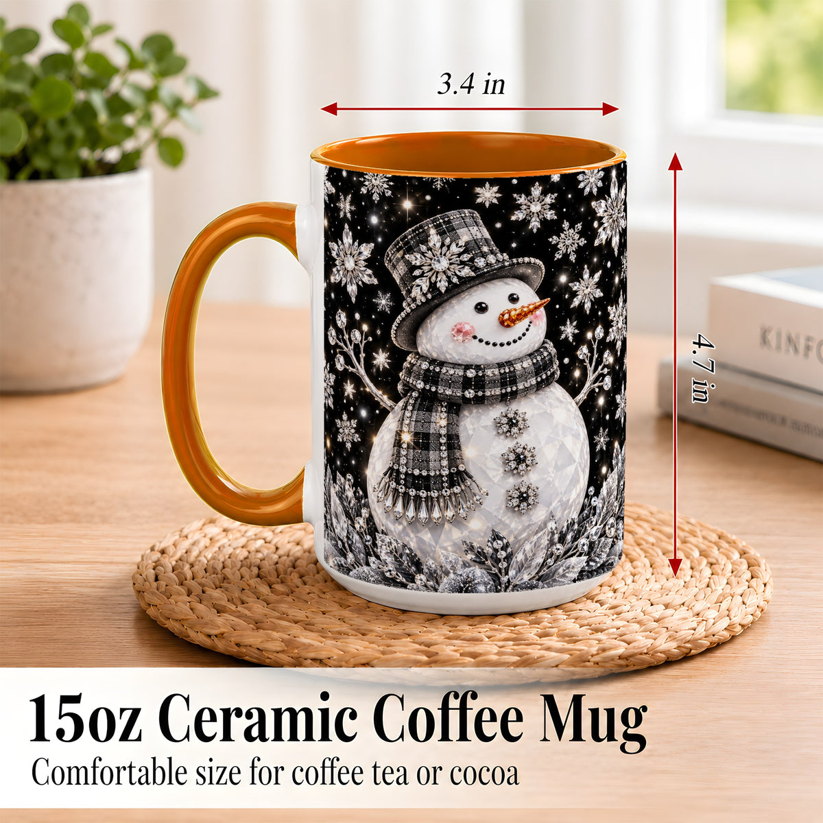 #pl[15oz|Orange] Crystal Snowman Coffee Mug, Winter Snowflake Mug, Ceramic Cup