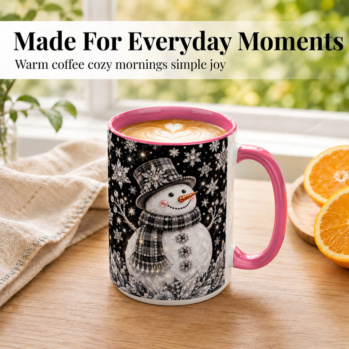 #pl[15oz|Pink] Crystal Snowman Coffee Mug, Winter Snowflake Mug, Ceramic Cup
