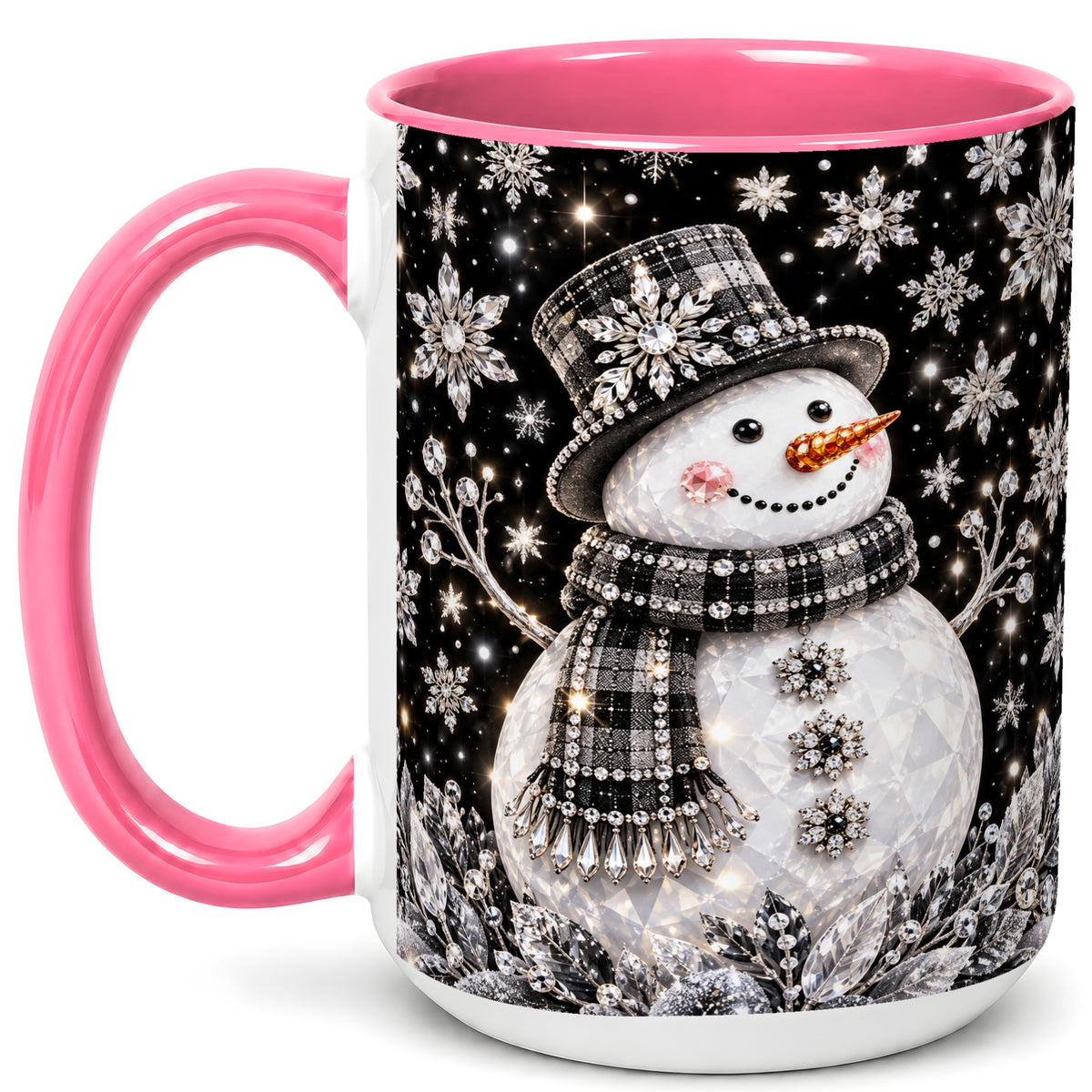 #pl[15oz|Pink] Crystal Snowman Coffee Mug, Winter Snowflake Mug, Ceramic Cup