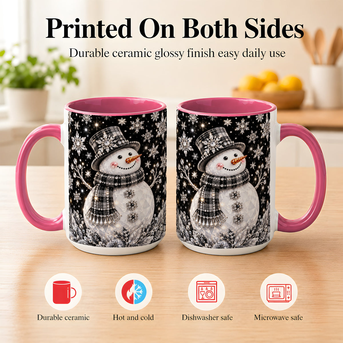 #pl[15oz|Pink] Crystal Snowman Coffee Mug, Winter Snowflake Mug, Ceramic Cup