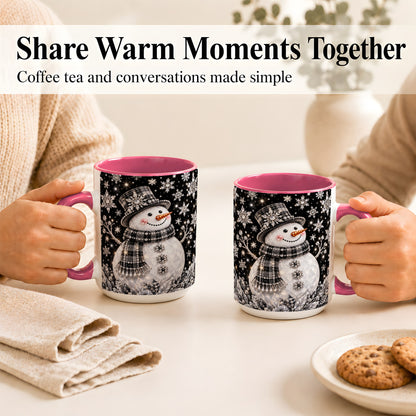 #pl[15oz|Pink] Crystal Snowman Coffee Mug, Winter Snowflake Mug, Ceramic Cup