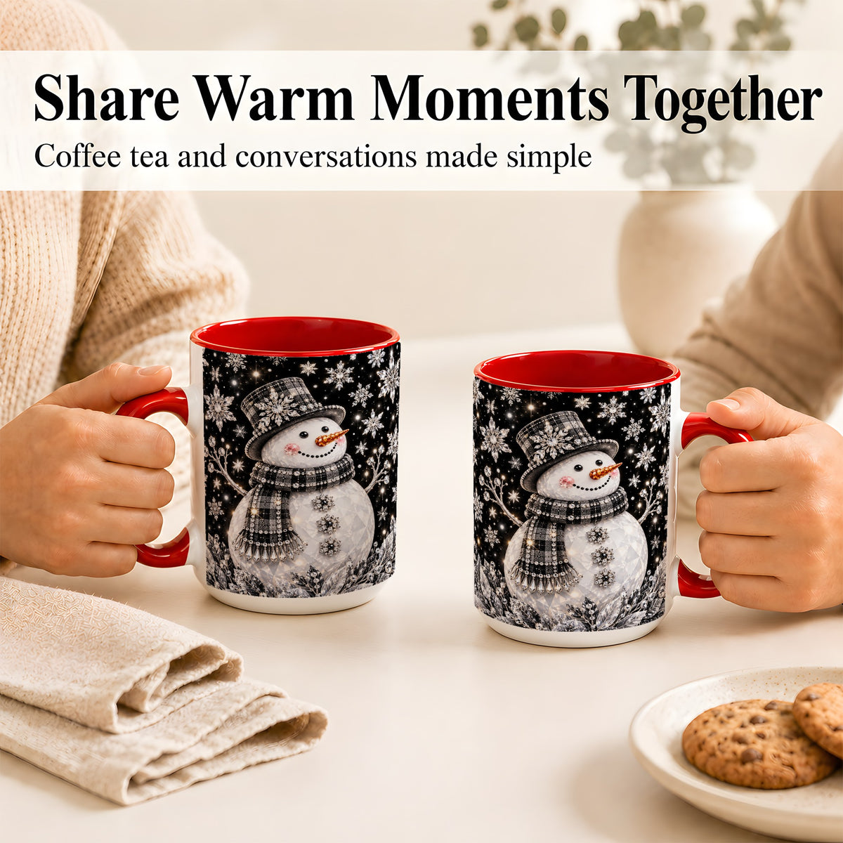 #pl[15oz|Red] Crystal Snowman Coffee Mug, Winter Snowflake Mug, Ceramic Cup