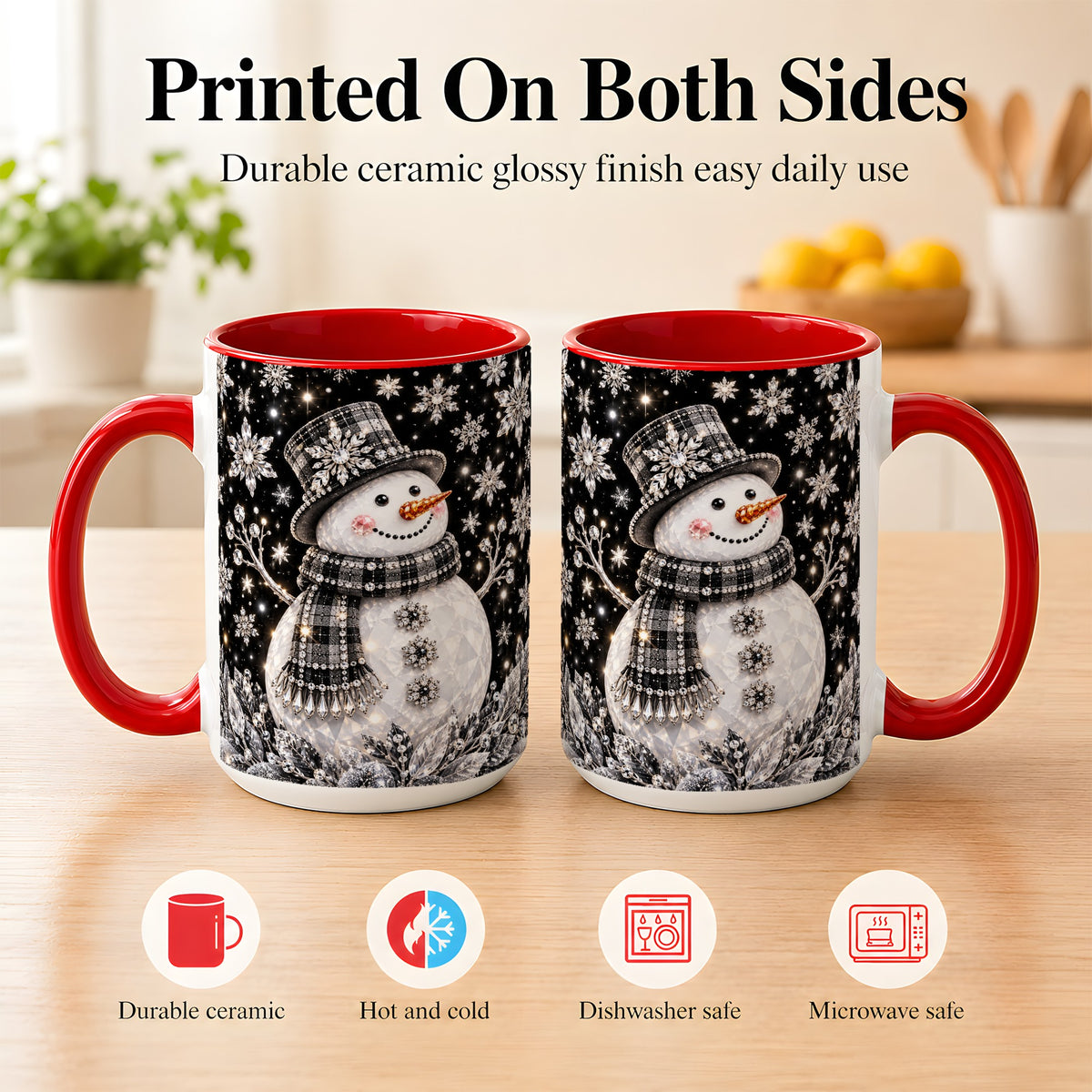 #pl[15oz|Red] Crystal Snowman Coffee Mug, Winter Snowflake Mug, Ceramic Cup