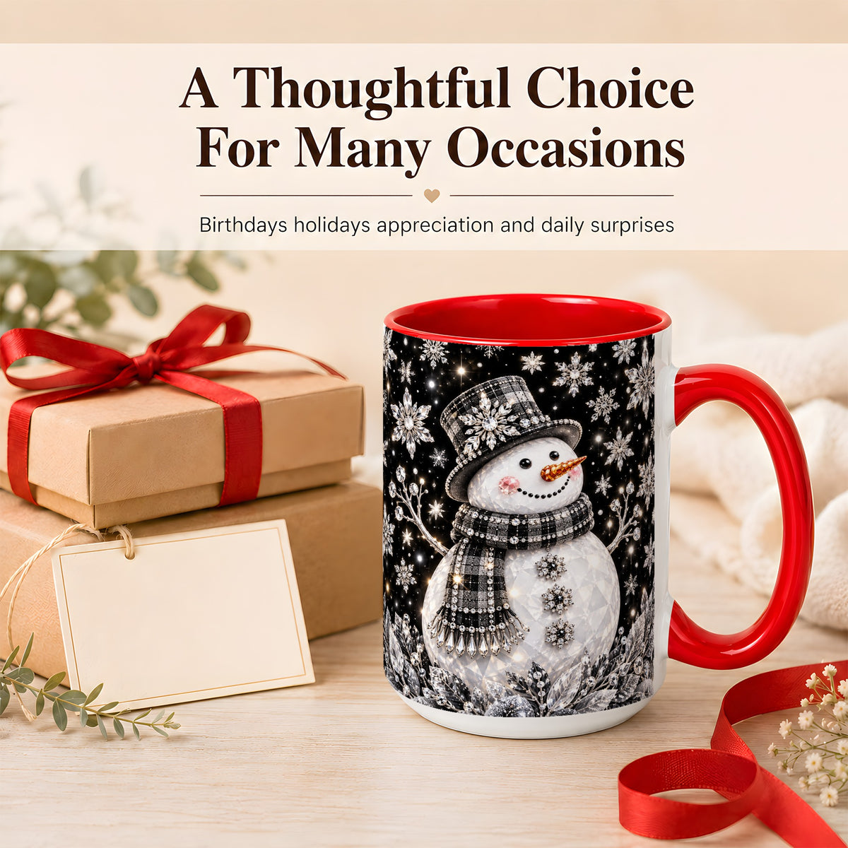 #pl[15oz|Red] Crystal Snowman Coffee Mug, Winter Snowflake Mug, Ceramic Cup