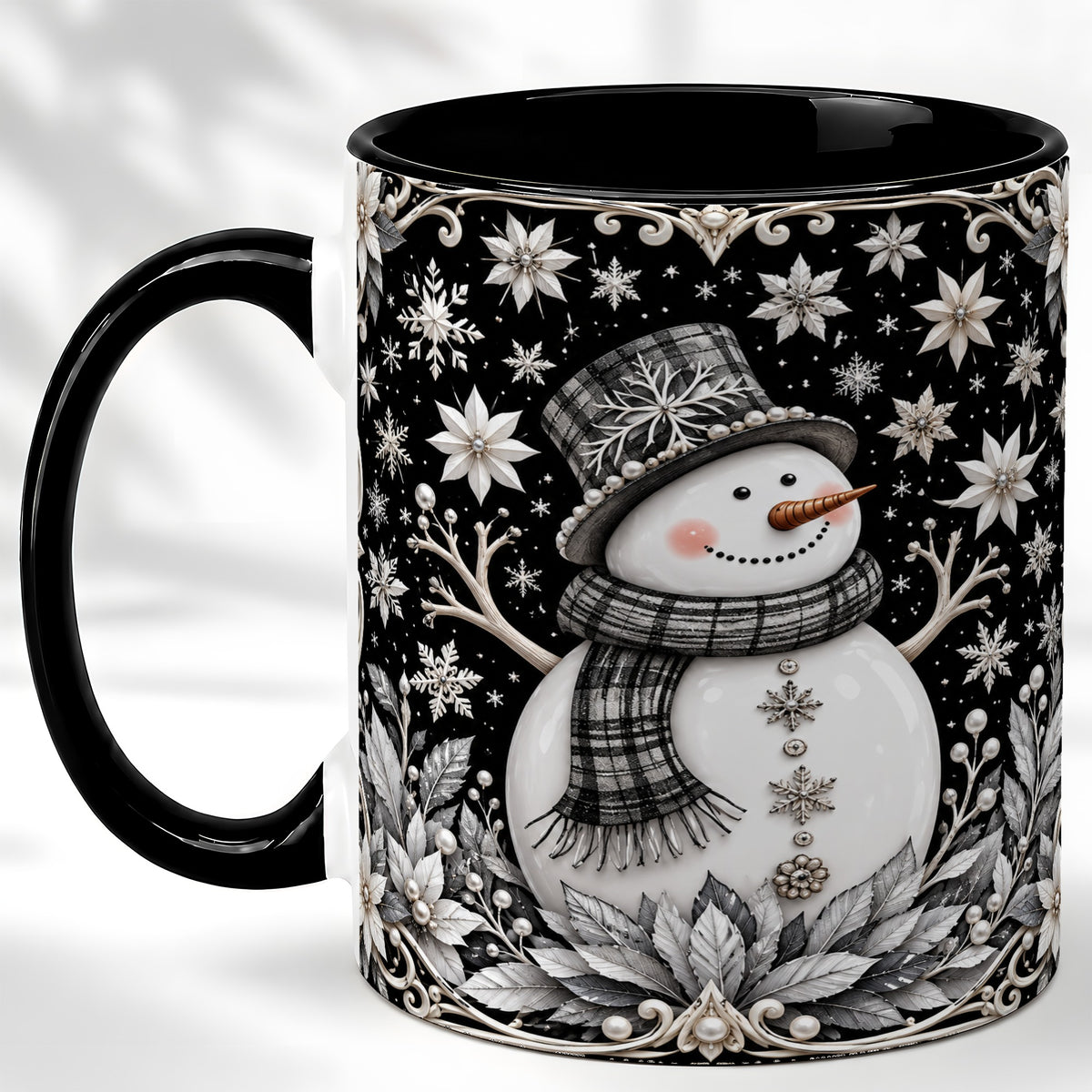 #pl[11oz|Black] Pearl Snowman Coffee Mug, Poinsettia Winter Mug, Ceramic Cup