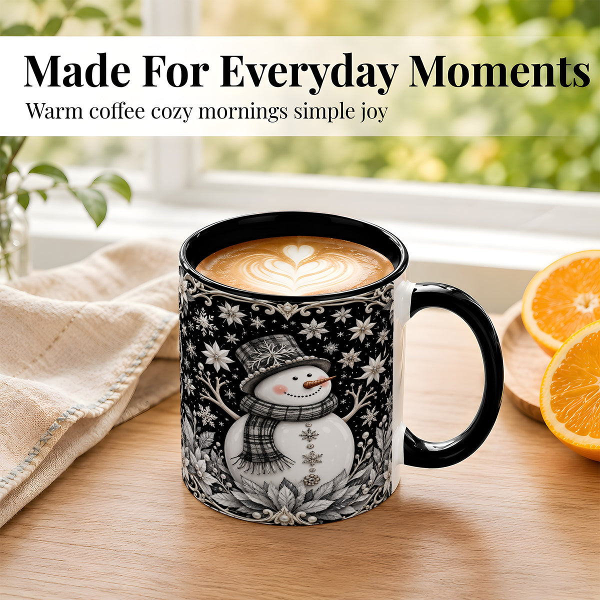 #pl[11oz|Black] Pearl Snowman Coffee Mug, Poinsettia Winter Mug, Ceramic Cup