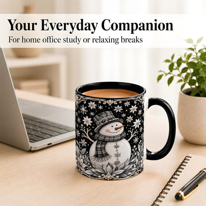 #pl[11oz|Black] Pearl Snowman Coffee Mug, Poinsettia Winter Mug, Ceramic Cup