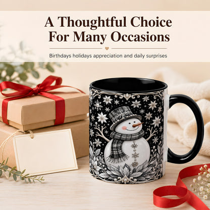 #pl[11oz|Black] Pearl Snowman Coffee Mug, Poinsettia Winter Mug, Ceramic Cup