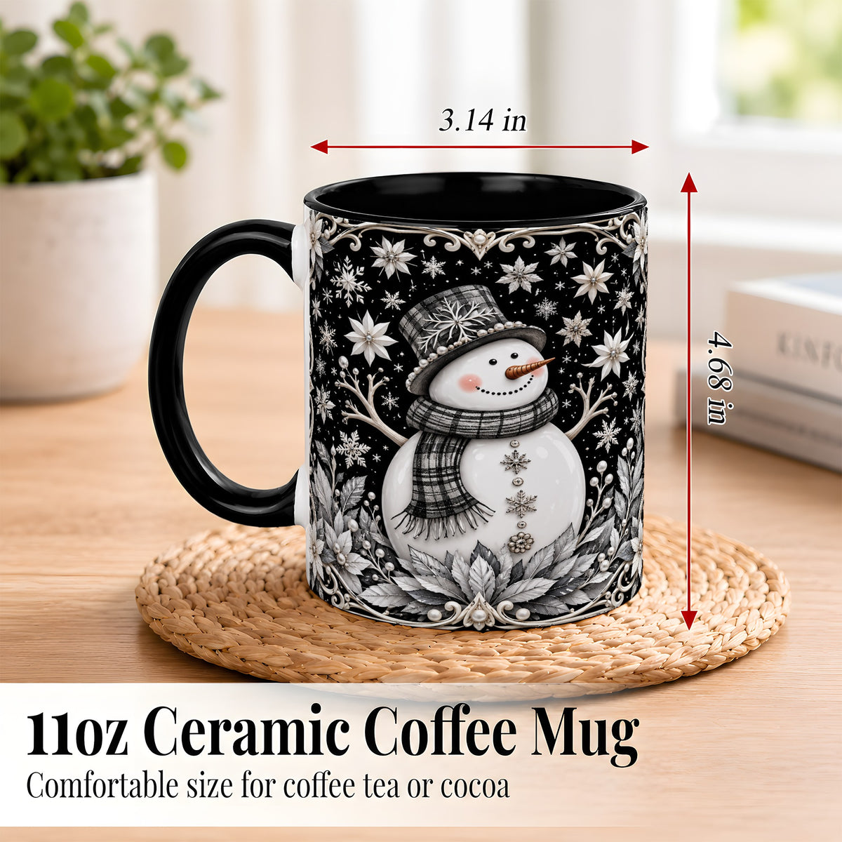 #pl[11oz|Black] Pearl Snowman Coffee Mug, Poinsettia Winter Mug, Ceramic Cup