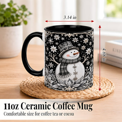 #pl[11oz|Black] Pearl Snowman Coffee Mug, Poinsettia Winter Mug, Ceramic Cup