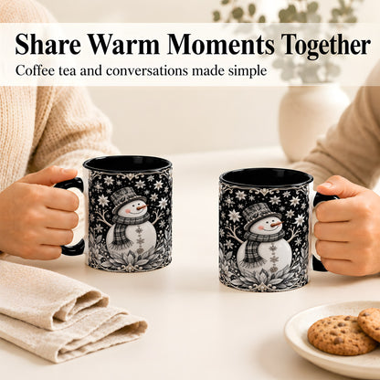 #pl[11oz|Black] Pearl Snowman Coffee Mug, Poinsettia Winter Mug, Ceramic Cup