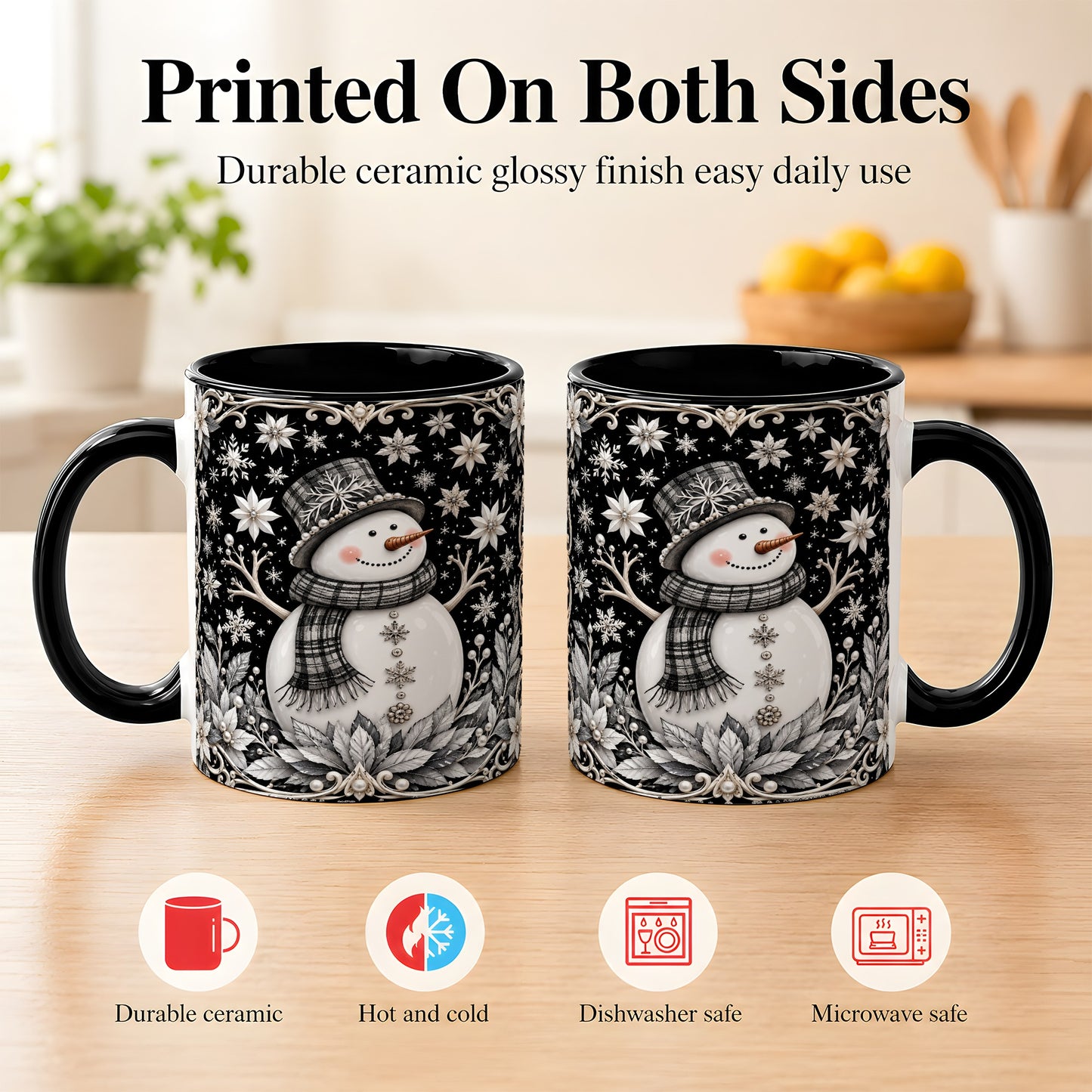 #pl[11oz|Black] Pearl Snowman Coffee Mug, Poinsettia Winter Mug, Ceramic Cup