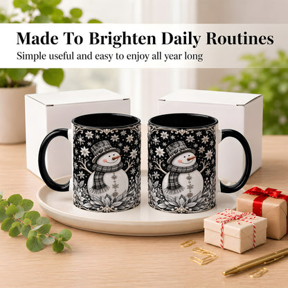 #pl[11oz|Black] Pearl Snowman Coffee Mug, Poinsettia Winter Mug, Ceramic Cup