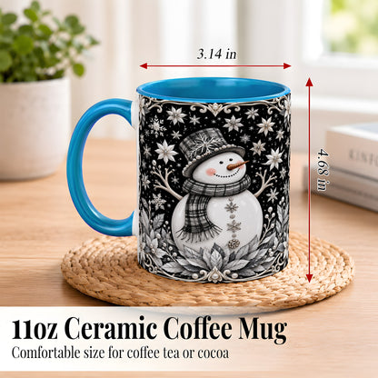 #pl[11oz|Blue] Pearl Snowman Coffee Mug, Poinsettia Winter Mug, Ceramic Cup