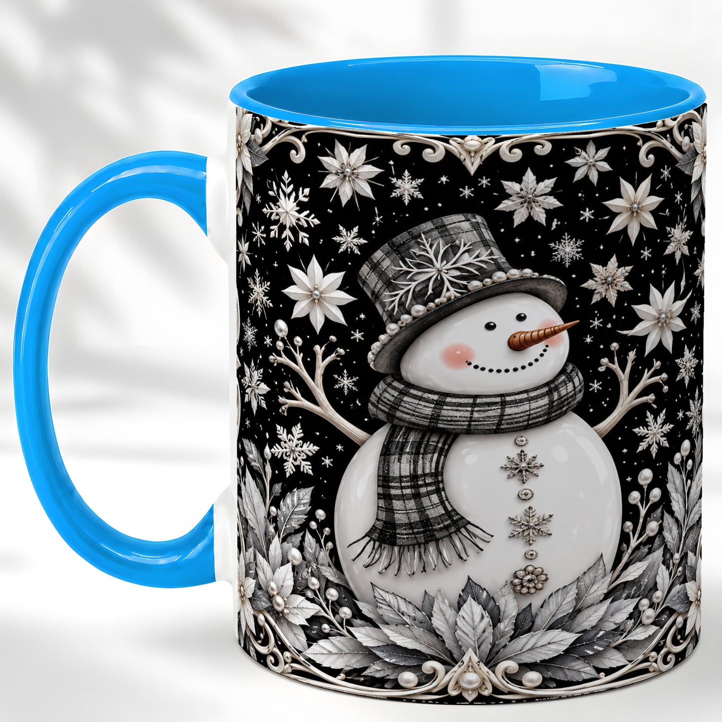 #pl[11oz|Blue] Pearl Snowman Coffee Mug, Poinsettia Winter Mug, Ceramic Cup