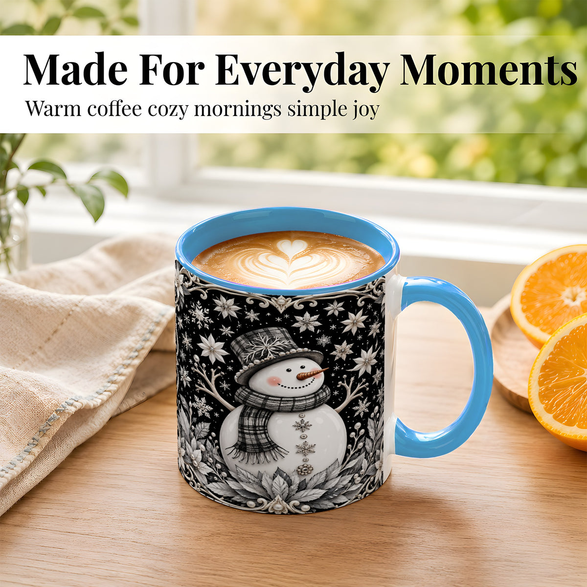 #pl[11oz|Blue] Pearl Snowman Coffee Mug, Poinsettia Winter Mug, Ceramic Cup