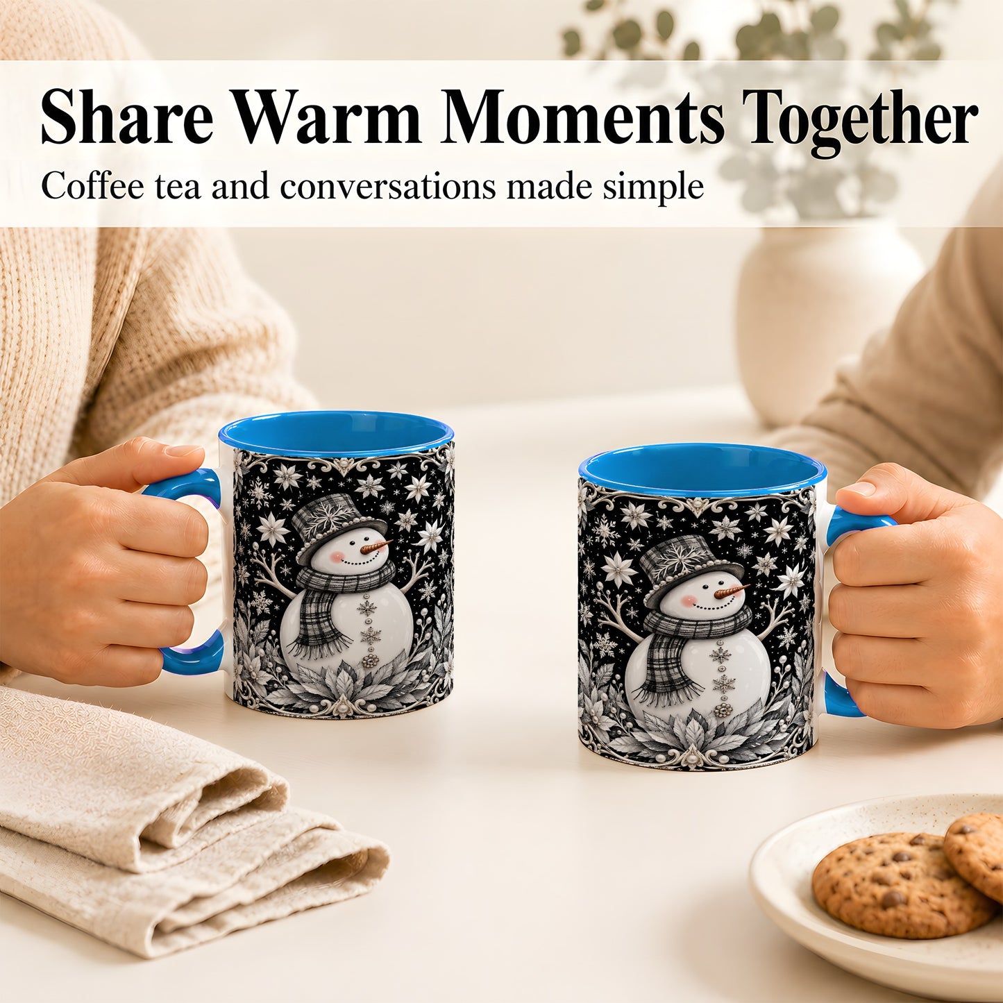 #pl[11oz|Blue] Pearl Snowman Coffee Mug, Poinsettia Winter Mug, Ceramic Cup