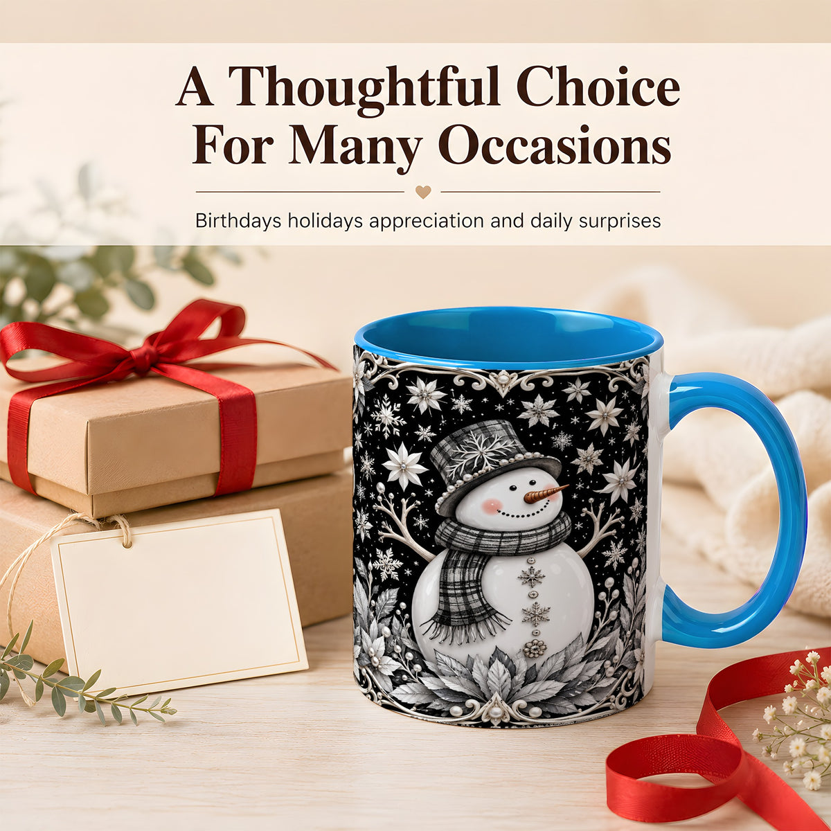 #pl[11oz|Blue] Pearl Snowman Coffee Mug, Poinsettia Winter Mug, Ceramic Cup