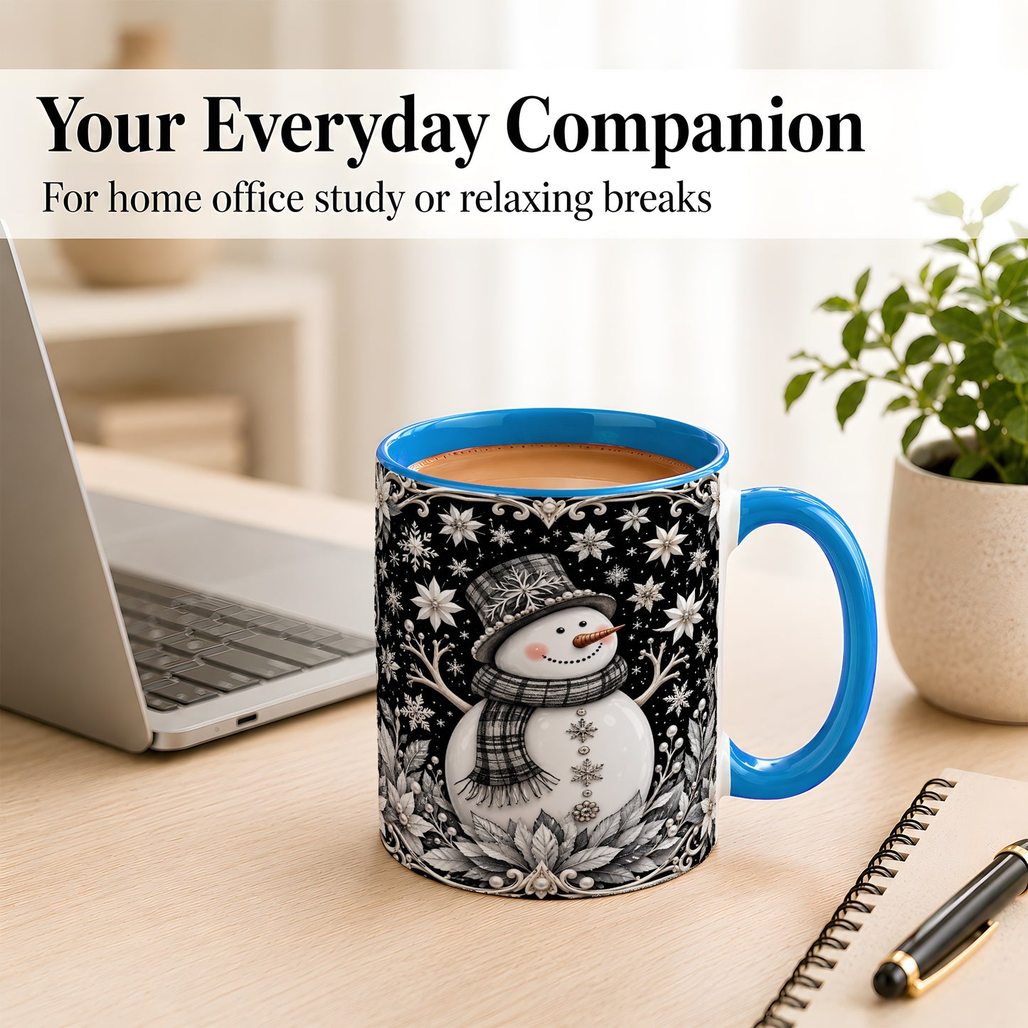 #pl[11oz|Blue] Pearl Snowman Coffee Mug, Poinsettia Winter Mug, Ceramic Cup