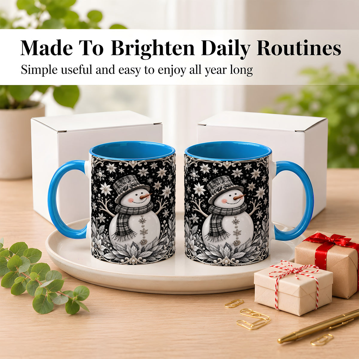 #pl[11oz|Blue] Pearl Snowman Coffee Mug, Poinsettia Winter Mug, Ceramic Cup