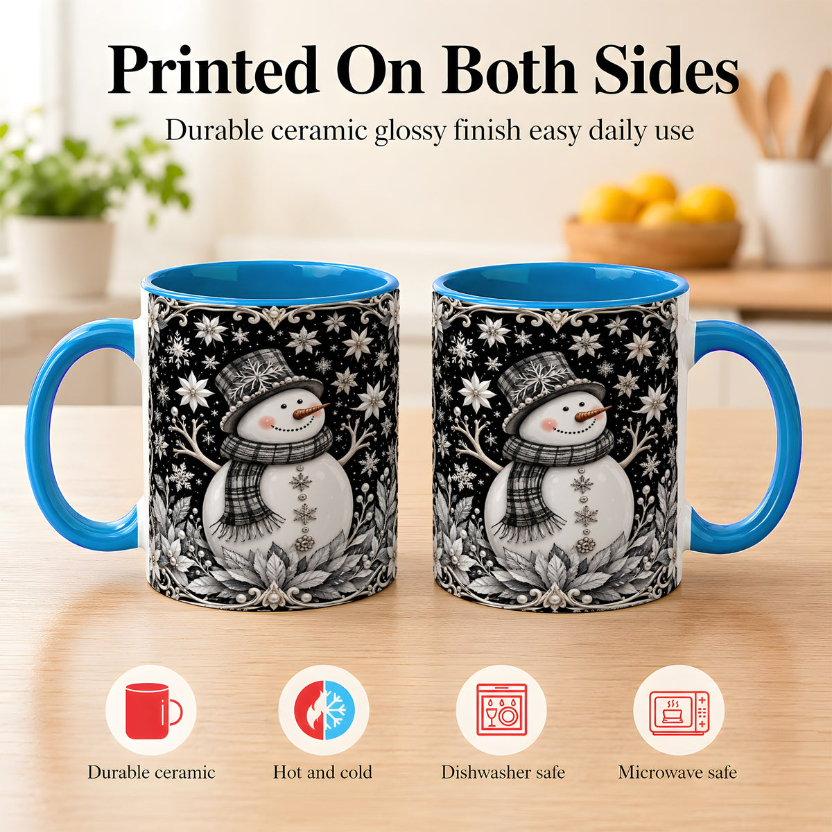 #pl[11oz|Blue] Pearl Snowman Coffee Mug, Poinsettia Winter Mug, Ceramic Cup