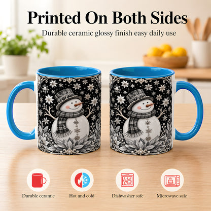 #pl[11oz|Blue] Pearl Snowman Coffee Mug, Poinsettia Winter Mug, Ceramic Cup