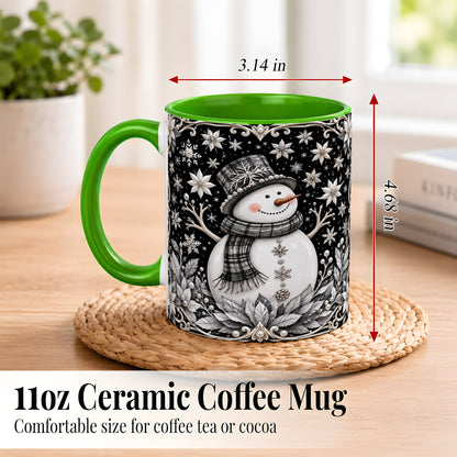 #pl[11oz|Green] Pearl Snowman Coffee Mug, Poinsettia Winter Mug, Ceramic Cup