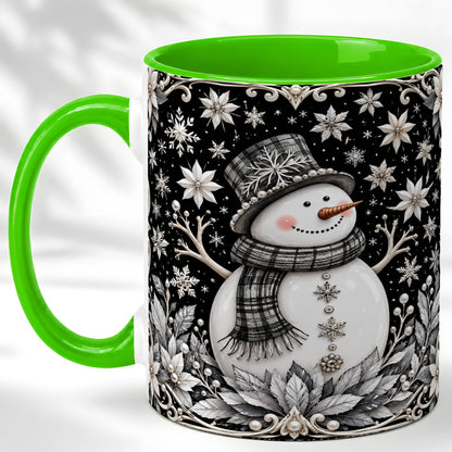 #pl[11oz|Green] Pearl Snowman Coffee Mug, Poinsettia Winter Mug, Ceramic Cup