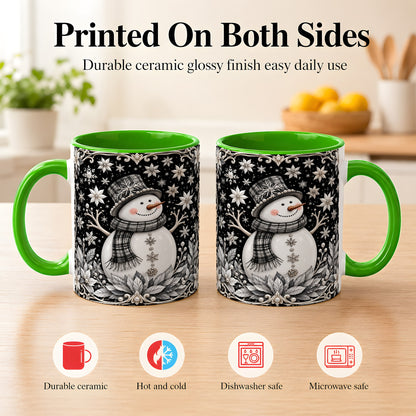 #pl[11oz|Green] Pearl Snowman Coffee Mug, Poinsettia Winter Mug, Ceramic Cup